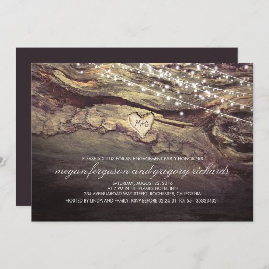 String Lights Carved Heart Rustic Engagement Party Kaart (Voorkant / Achterkant)