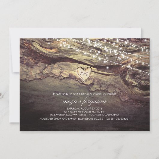 String Lights Carved Heart Rustic Vrijgezellenfees Kaart (Voorkant)