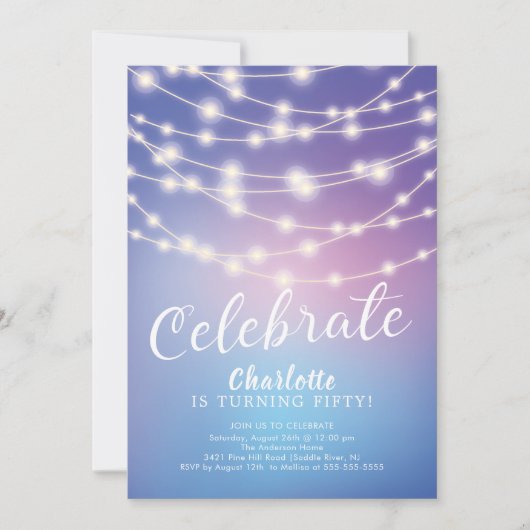 String Lights Celebrate Birthday Invitation Kaart (Voorkant)