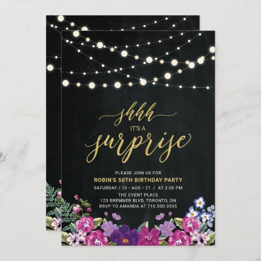 String Lights & Chalkboard Surprise Birthday Party Kaart (Voorkant / Achterkant)