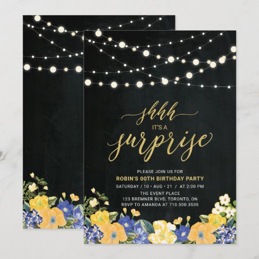 String Lights & Chalkboard Surprise Birthday Party Kaart (Voorkant / Achterkant)