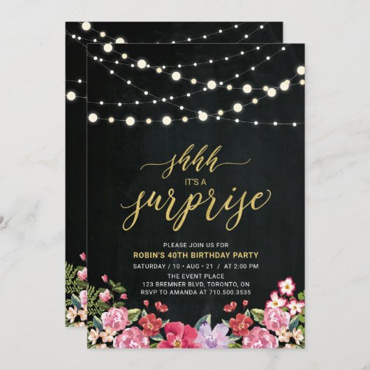 String Lights & Chalkboard Surprise Birthday Party Kaart (Voorkant / Achterkant)