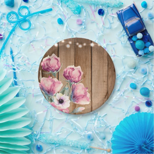 String Lights & Country Flowers Rustic Barn Wood Papieren Bordje (Feest)