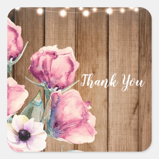 String Lights & Country Flowers Rustic Barn Wood Vierkante Sticker (Voorkant)