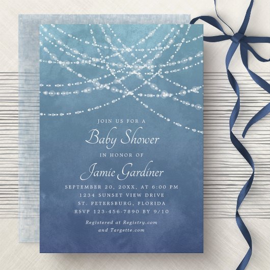 String Lights Dusty Blue Boy Baby shower Kaart