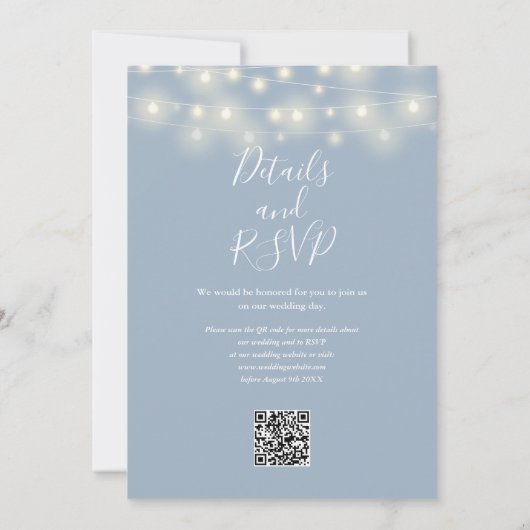 String Lights Dusty Blue QR Code Wedding Kaart (Achterkant)