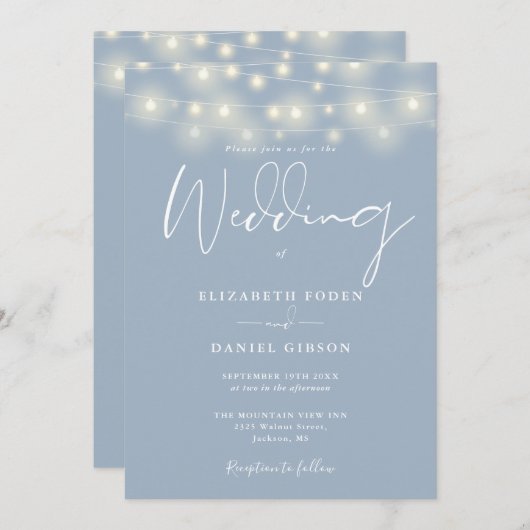 String Lights Dusty Blue QR Code Wedding Kaart (Voorkant / Achterkant)