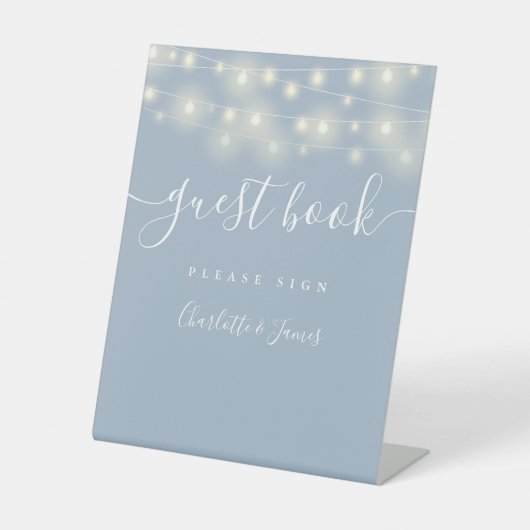 String Lights Dusty Blue Script Gastenboek Reclamebord Met Voetstuk (Voorkant)