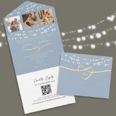 String Lights Dusty Blue Wedding QR-code All In One Uitnodiging