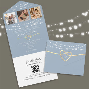 String Lights Dusty Blue Wedding QR-code All In One Uitnodiging