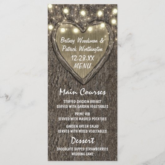 String Lights + Eikenboom Bark Wedding Menu Kaarte (Voorkant)