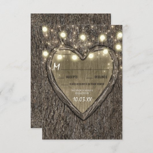 String Lights + eikenboomschors bruiloft RSVP-Kaar RSVP Kaartje (Voorkant / Achterkant)