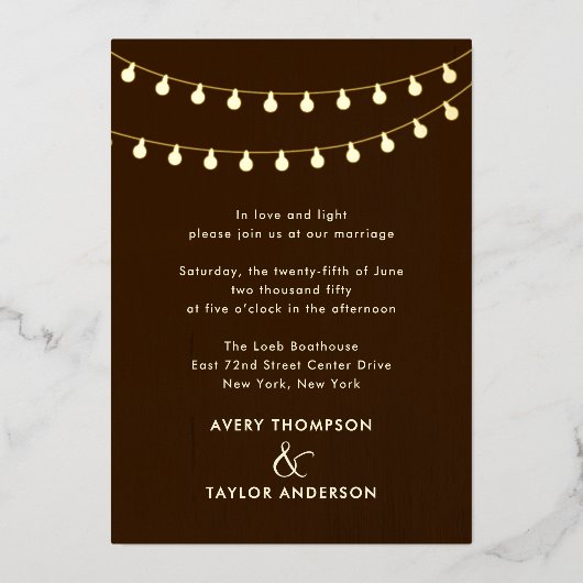 String Lights Elevated Rustic Wedding  Folie Uitnodiging (Voorkant)