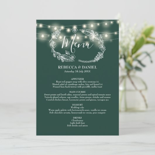 String Lights Emerald Groen Bloemen Bruiloft Menu (Staand voorkant)