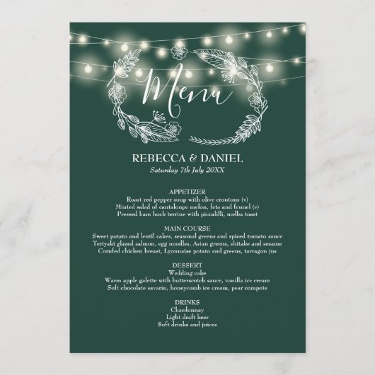 String Lights Emerald Groen Bloemen Bruiloft Menu (Voorkant)