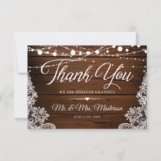String Lights en Lace Rustic Wood Wedding Bedankkaart (Voorkant)
