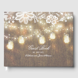 String Lights en Mason Jar Lace en Wood Wedding Gastenboek