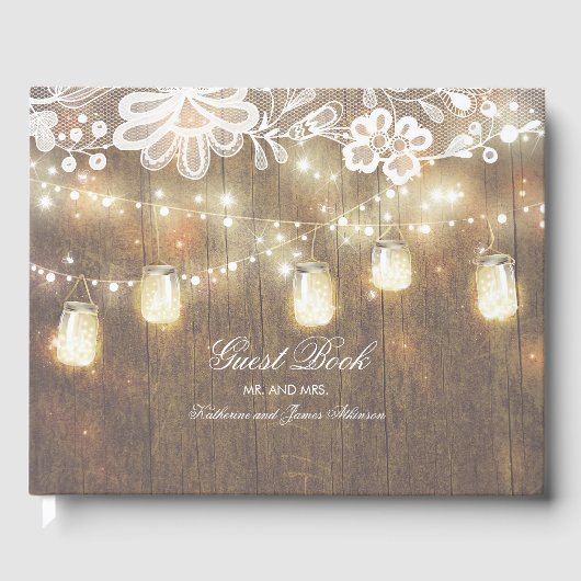 String Lights en Mason Jar Lace en Wood Wedding Gastenboek (Voorkant)