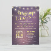 String Lights en Paarse Grunge Background Wedding Kaart (Staand voorkant)