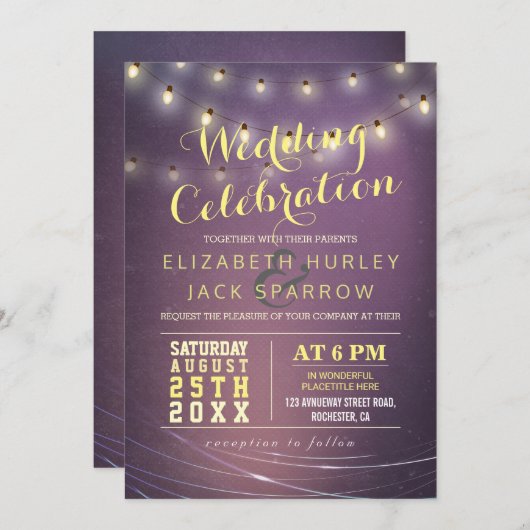 String Lights en Paarse Grunge Background Wedding Kaart (Voorkant / Achterkant)
