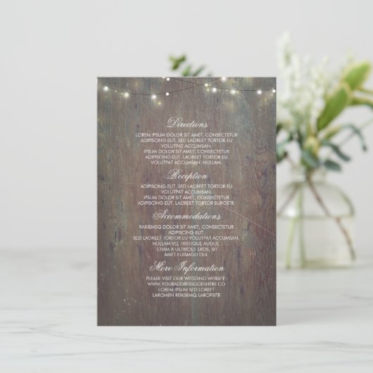String Lights en Rustic Wood Wedding Informatie Informatiekaartje (Staand voorkant)