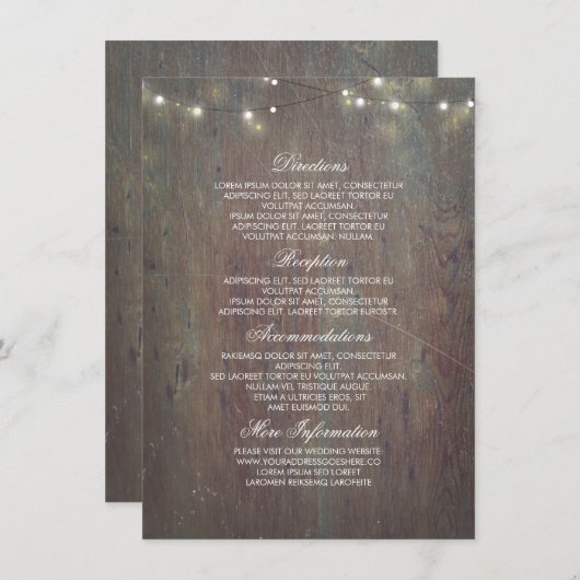 String Lights en Rustic Wood Wedding Informatie Informatiekaartje (Voorkant / Achterkant)