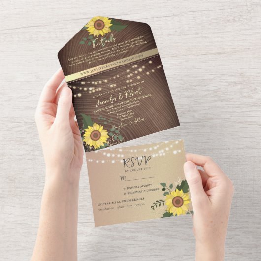String Lights en rustieke zonnebloem bruiloft All In One Uitnodiging (Afscheurbaar)