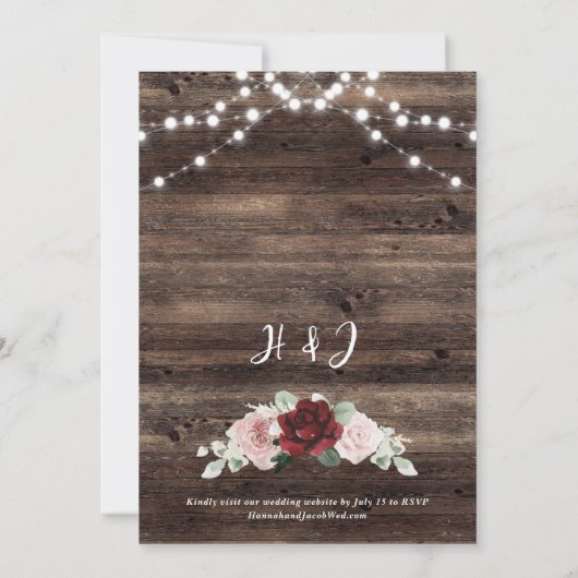 String Lights Eucalyptus & Burgundy Floral Wedding Kaart (Achterkant)