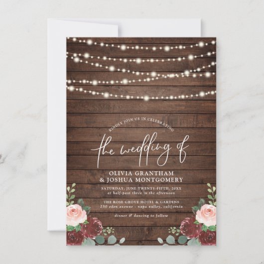 String Lights Eucalyptus & Burgundy Floral Wedding Kaart (Voorkant)