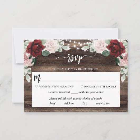 String Lights Eucalyptus & Burgundy Rustic Wedding RSVP Kaartje (Voorkant)