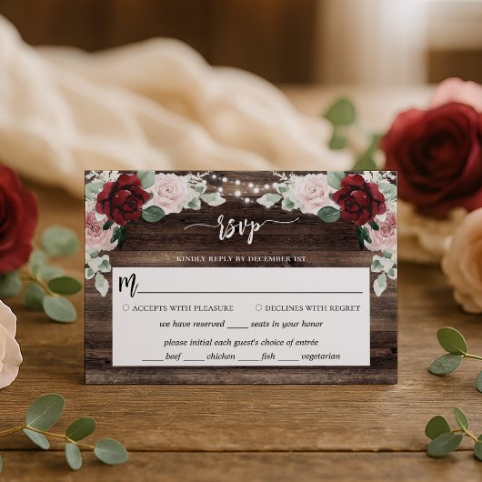 String Lights Eucalyptus & Burgundy Rustic Wedding RSVP Kaartje
