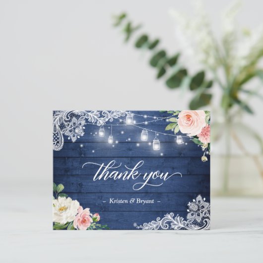 String Lights Floral Rustic Blue Wedding Bedankt Briefkaart (Staand voorkant)