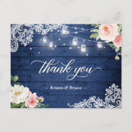 String Lights Floral Rustic Blue Wedding Bedankt Briefkaart