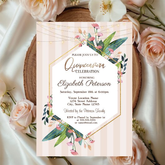 String Lights Floral Wood Stripes Quinceañera Kaart