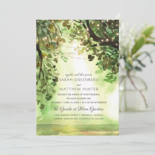 String Lights Forest Trees Path Rustic Wedding Kaart (Staand voorkant)