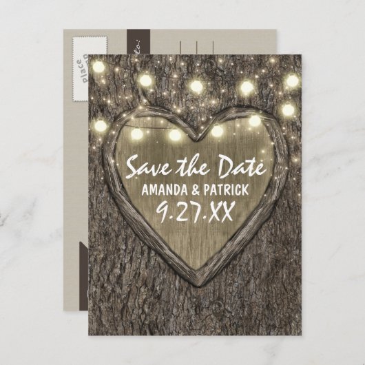 String Lights Gesneden eiken boom Bewaar de datumk Aankondigingskaart (Voorkant / Achterkant)