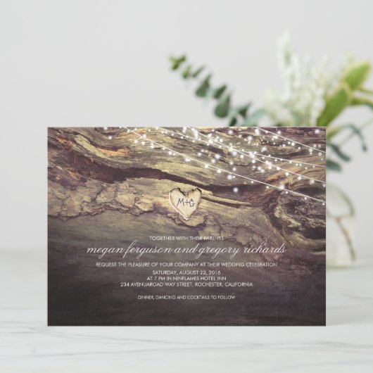 String Lights gesneden hart rustieke bruiloft Kaart (Staand voorkant)