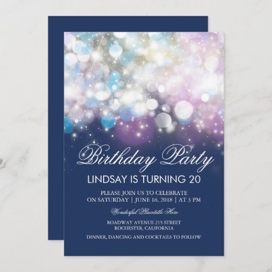 String Lights Glam Navy Verjaardagsfeest Kaart (Voorkant / Achterkant)
