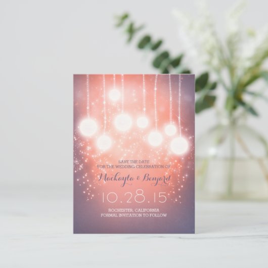 String Lights glitter lantaarns roze Save the date Aankondigingskaart (Staand voorkant)
