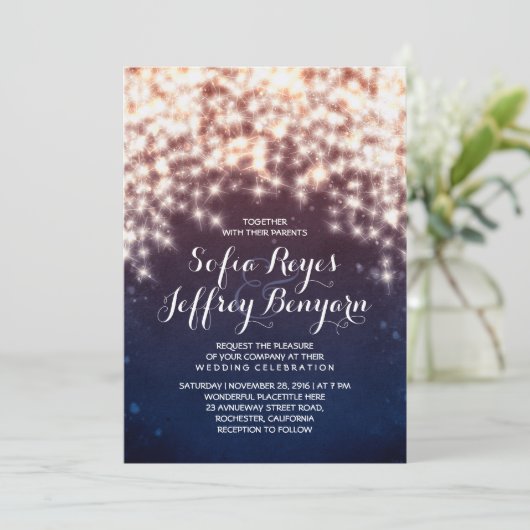 String Lights Glitter Navy Elegant Bruiloft Kaart (Staand voorkant)