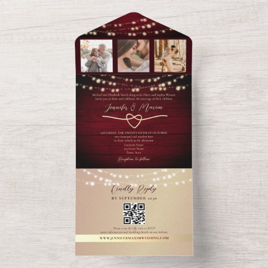 String Lights Gold en Bourgondische bruiloft All In One Uitnodiging (Binnen)