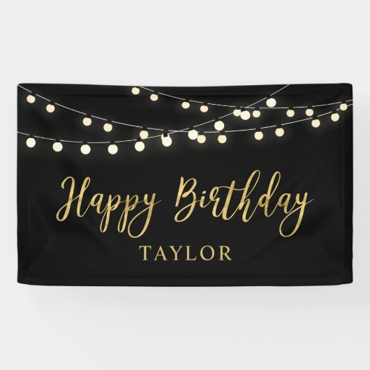 String Lights | Gold Happy Birthday Party-banner Spandoek (Horizontaal)