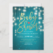 String Lights Gold Script Blue Glitter Baby shower Kaart (Voorkant)