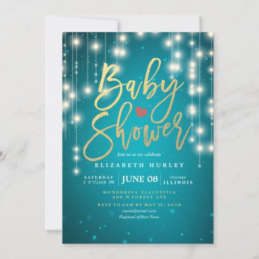 String Lights Gold Script Blue Glitter Baby shower Kaart (Voorkant)