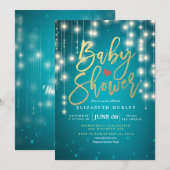 String Lights Gold Script Blue Glitter Baby shower Kaart (Voorkant / Achterkant)
