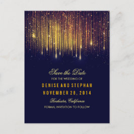 String Lights Goud Confetti Navy Save the Date Aankondigingskaart