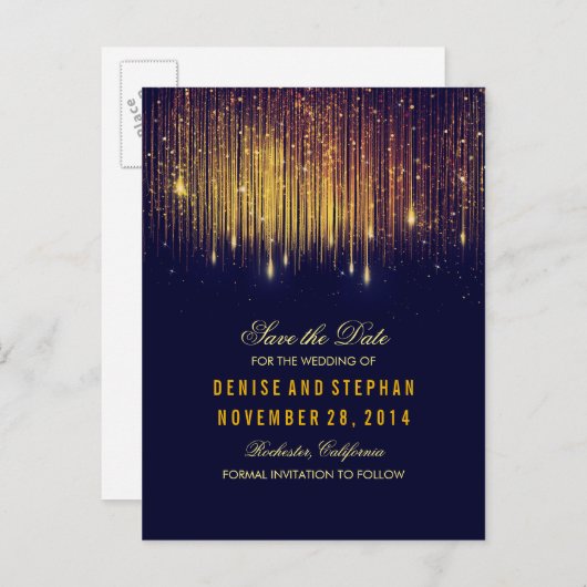 String Lights Goud Confetti Navy Save the Date Aankondigingskaart (Voorkant / Achterkant)