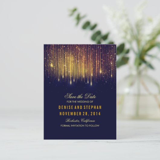 String Lights Goud Confetti Navy Save the Date Aankondigingskaart (Staand voorkant)