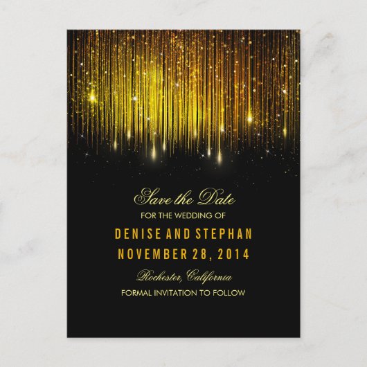 String Lights Goud confetti zwart Bewaar de datum Aankondigingskaart (Voorkant)