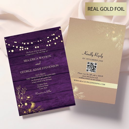 String Lights Goud Paarse bruiloft QR-code Folie Uitnodiging